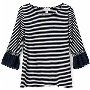 J. Jill Navy White Striped Ruffle Sleeve Eyelet Knit Top Womens Medium M